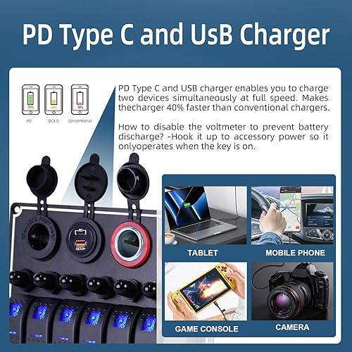 Vista 39 de Panel de interruptor de palanca impermeable de 6 cuadrillas 12V/24V Panel de interruptor basculante de aluminio con cargador USB doble, voltímetro