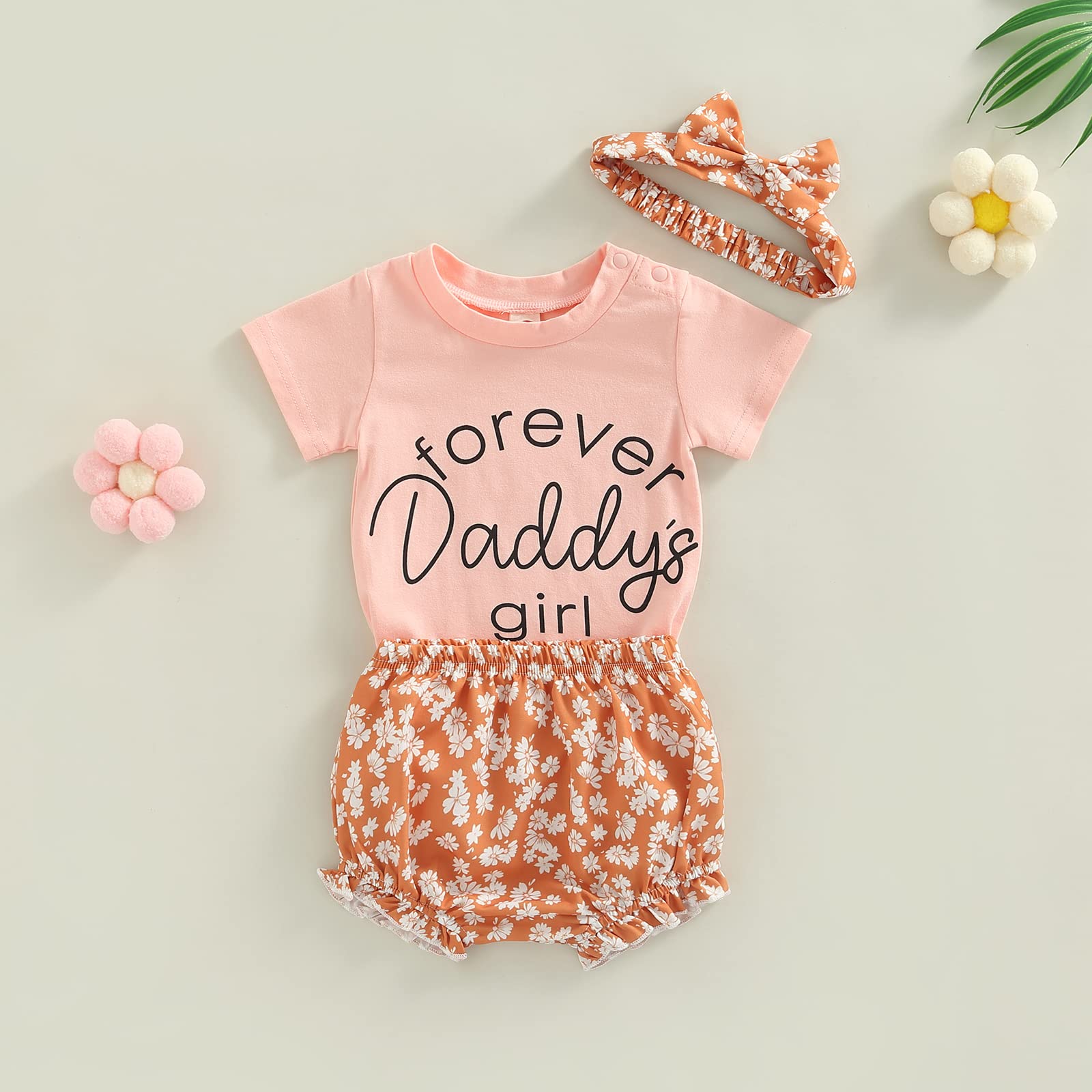 Newborn Baby Girl 3Pcs Outfits Short Sleeve Letter Print Romper Top Floral Print Ruffled Shorts Decorative Hairband Clothes Set (Pink , 18-24 Months )