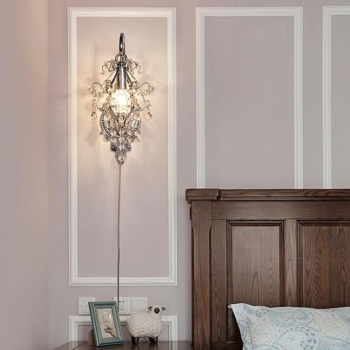 Miniatura 3 de Silver Crystal Vintage Plug in Wall Sconces Set of 2 Indoor Wall Light Fixture, Modern Wall Mount Lamp Light for Bedroom Living Room Bathroom Vanity
