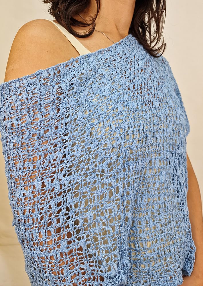 Mimosa Mujer Poncho de Encaje Elástico Alas de Murciélago Cabo de Punto Popcorn de Ganchillo Color Liso