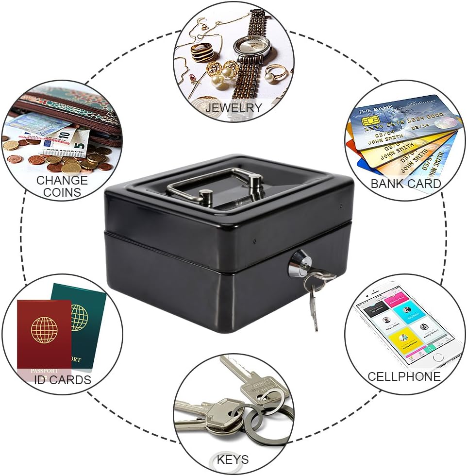 1Pc Metal Cash Box,Small Portable Steel Lockable Cash Security Box,Resistant Lock Box with Key (Black)