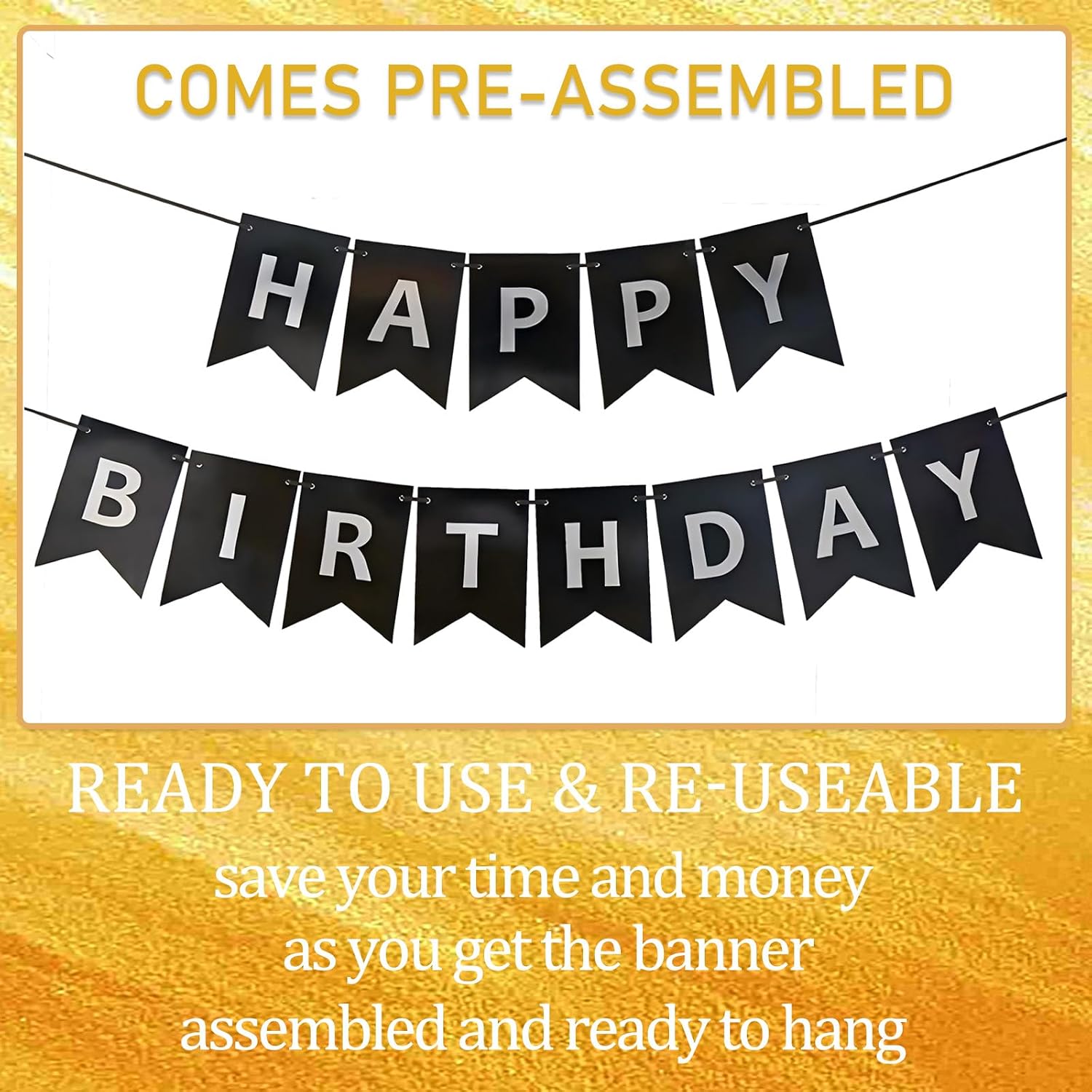 Black Happy Birthday Banner,Pre-Strung Black and Silver Birthday Party Decorations,16ft Hanging Sign for Kids, Girls, Boys, Women – No DIY, Backdrop Supplies