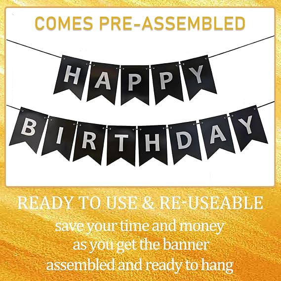 Black Happy Birthday Banner,Pre-Strung Black and Silver Birthday Party Decorations,16ft Hanging Sign for Kids, Girls, Boys, Women No DIY, Backdrop Supplies