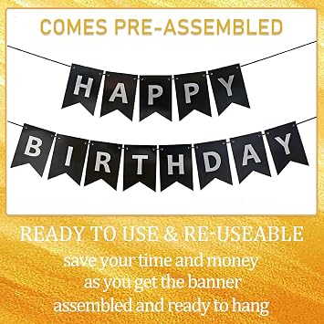Black Happy Birthday Banner,Pre-Strung Black and Silver Birthday Party Decorations,16ft Hanging Sign for Kids, Girls, Boys, Women No DIY, Backdrop Supplies