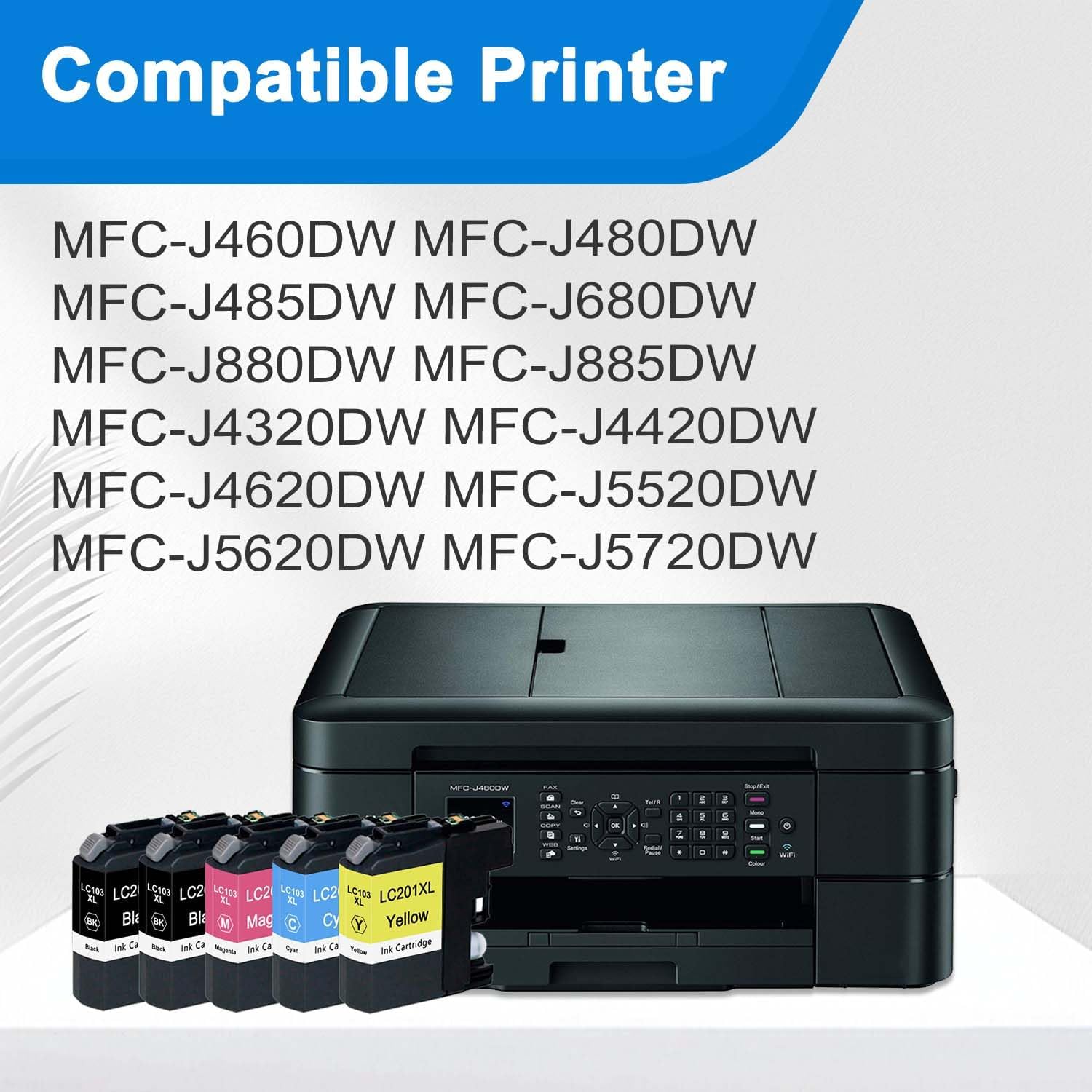 LC201XL LC203 Ink Cartridges (5 Pack, 2Black 1Cyan 1Magenta 1Yellow) Compatible Ink Cartridges Replacement for Brother LC201XL LC203 with FC-J460DW MFC-J480DW MFC-J485DW MFC-J880DW Printer