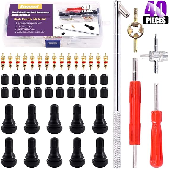 Swpeet 40Pcs Tire Valve Stem Puller Tools Set with Snapin Valve Stems