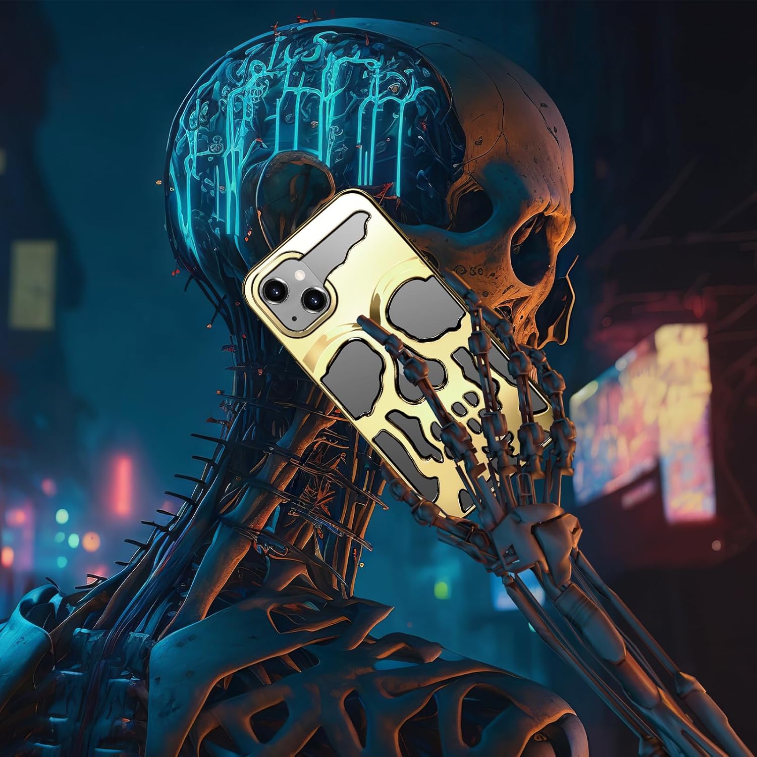 for iPhone 13 Phone Case for Men Women, Cool Skull Skeleton Funny Gothic Hollow Phone case for iPhone 13 Cute Hollowed Plated Shockproof Cover for Boys Girls, Golden - Image 6