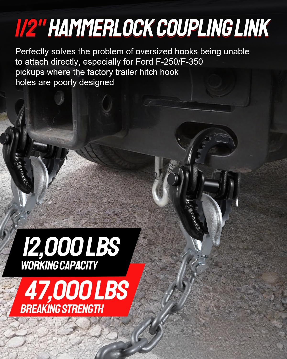 DAYDOOR Enlace de acoplamiento Hammerlock G80 de 1/2 pulgada, conector de cadena de seguridad de 12 libras de capacidad con aisladores de goma para camiones, remolques, SUV. Conector de cadena de