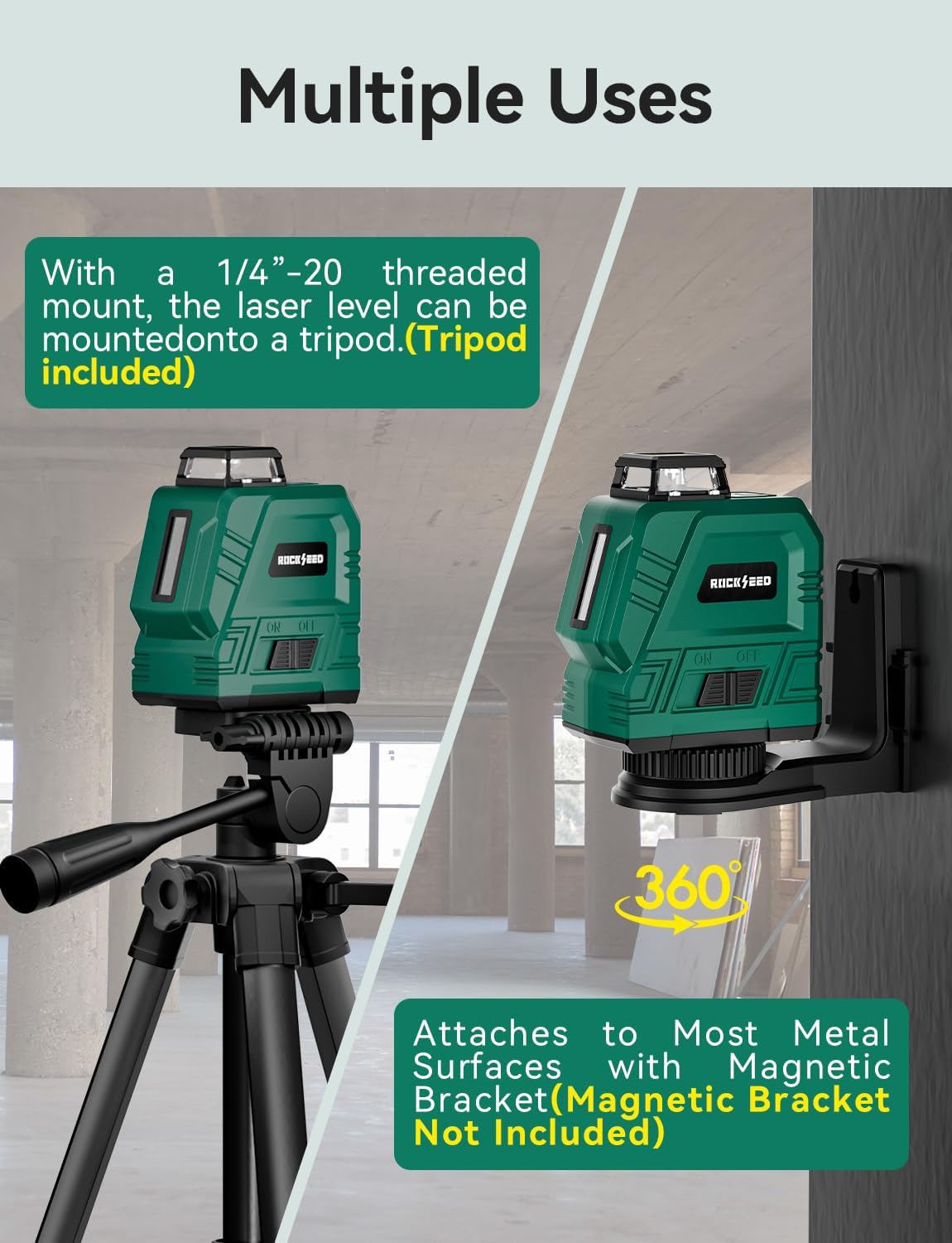 Laser Level with Adjustable 47 inch Tripod, RockSeed 1x360° Horizontal and 1x 150° Vertical Green Line Self-Leveling Laser Level, Rechargable Laser Leveler, for Hanging Pictures/Wall Construction