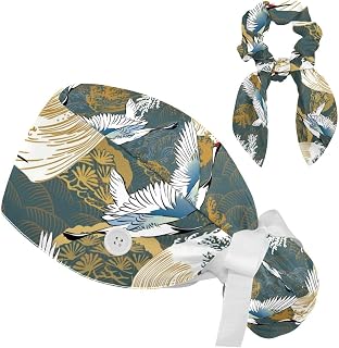 FVQL 2 Pieces Surgical Cap for Long Hair Scrub Cap with Hairband Nurse Cap, Crane and Ocean Wave
