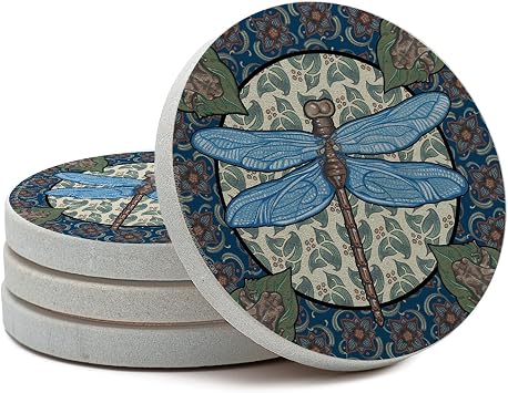 Thirstystone Apple Dragonfly 4 Pack Round Natural Sandstone Coasters | Manufactured in the USA, Decorative, Easily Wipes Clean