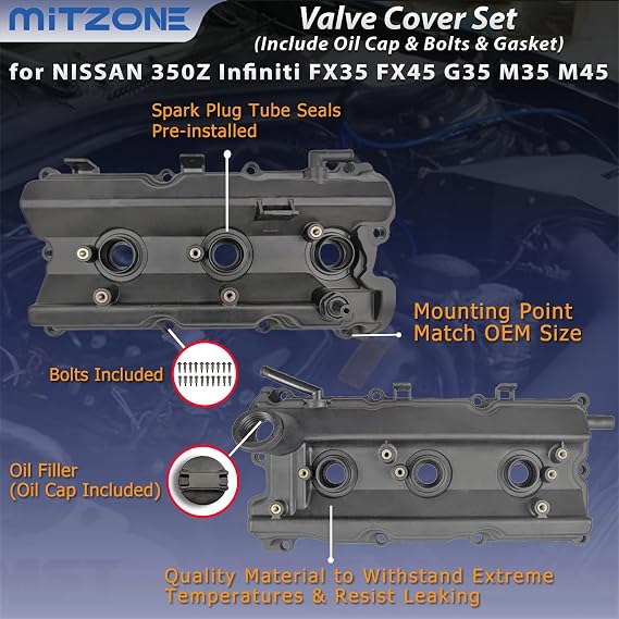 MITZONE Engine Valve Cover Set with Bolts & Oil Cap & Gaskets & Spark Plug Tube Seals & P CV Cover Compatible with 2003-2008 Nissan 350Z Infiniti FX35 G35 M35 VQ35DE 3.5L Part# 13264AM600 13264AM610
