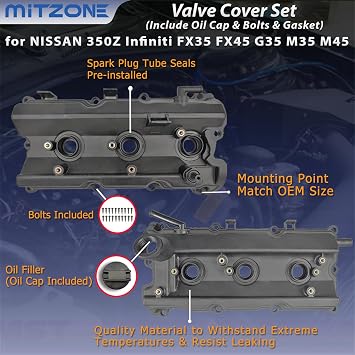 MITZONE Engine Valve Cover Set with Bolts & Oil Cap & Gaskets & Spark Plug Tube Seals & P CV Cover Compatible with 2003-2008 Nissan 350Z Infiniti FX35 G35 M35 VQ35DE 3.5L Part# 13264AM600 13264AM610