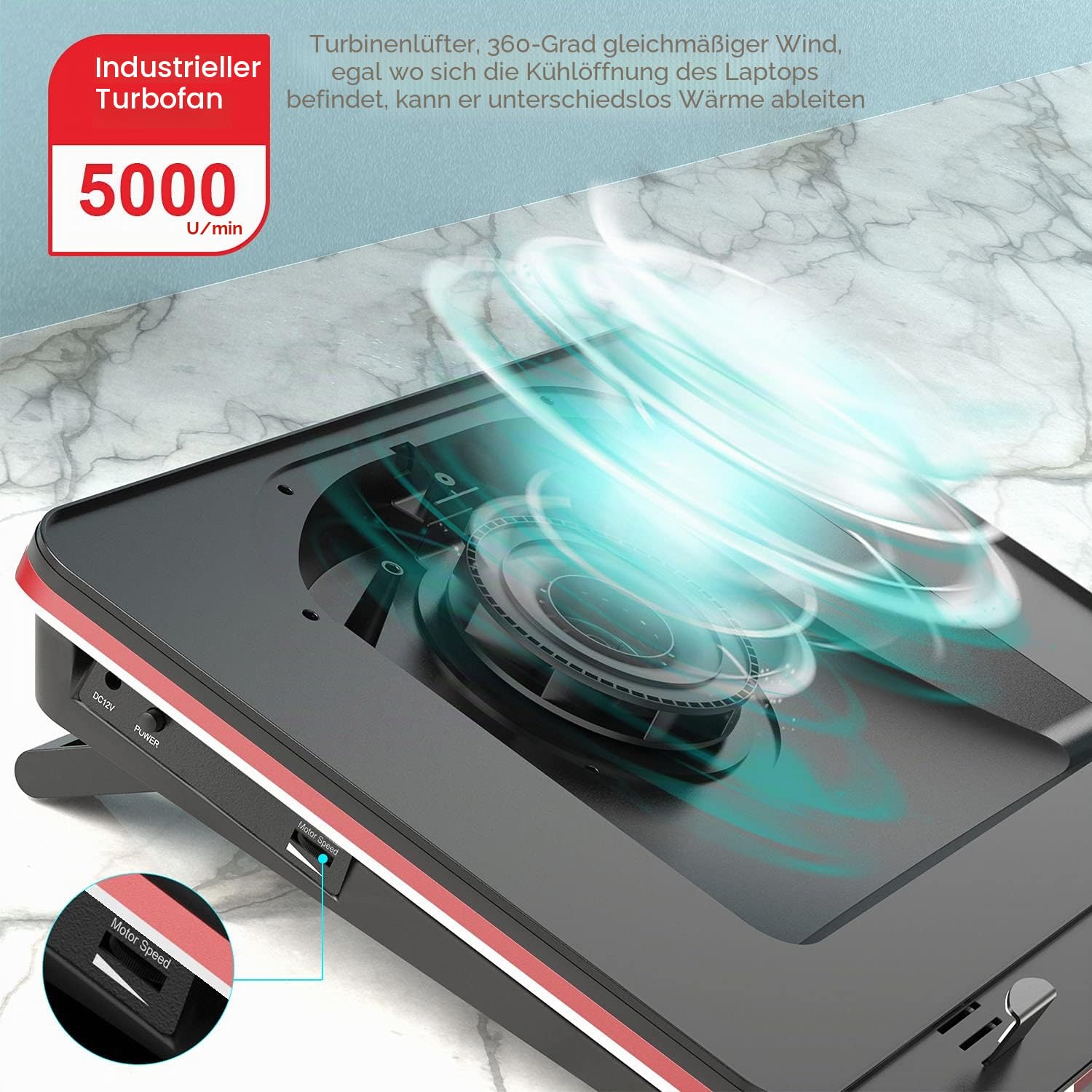 IETS, GT500 Leistungsstarker Turbo-Lüfter (5000 U/min) Laptop-Kühler mit stufenloser Geschwindigkeitsregelung, versiegeltem Schaumstoff für schnelle Kühlung von Gaming-Laptops, geeignet für Laptops