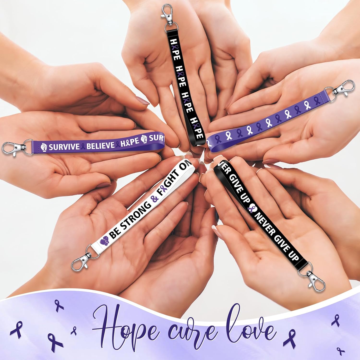 Sureio 72 Pcs Purple Ribbon Domestic Violence Awareness Lanyard Keychain for Epilepsy Lupus Alzheimer Advocates Gifts