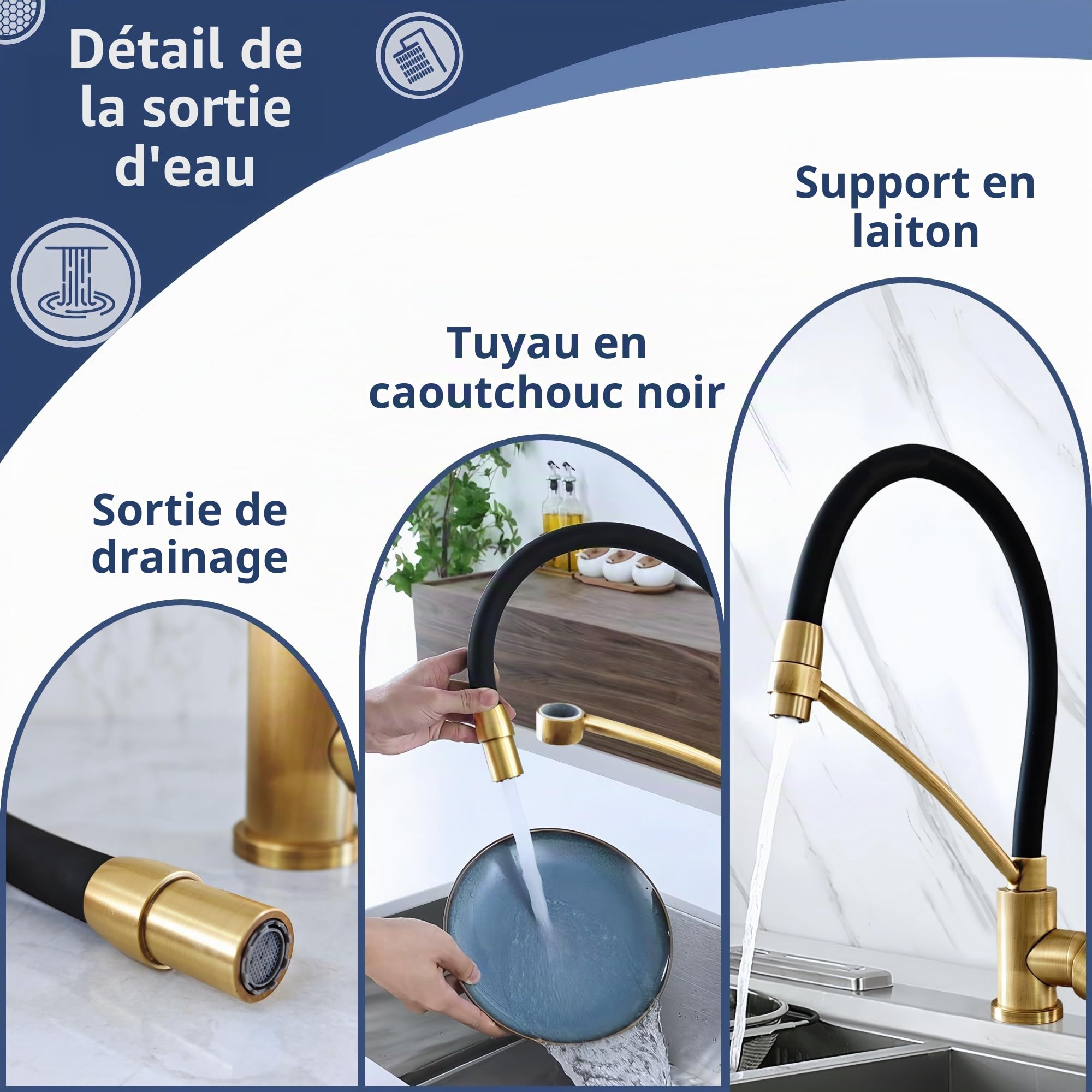 Robinet de Cuisine Flexible Silicone Noir en Laiton Antique