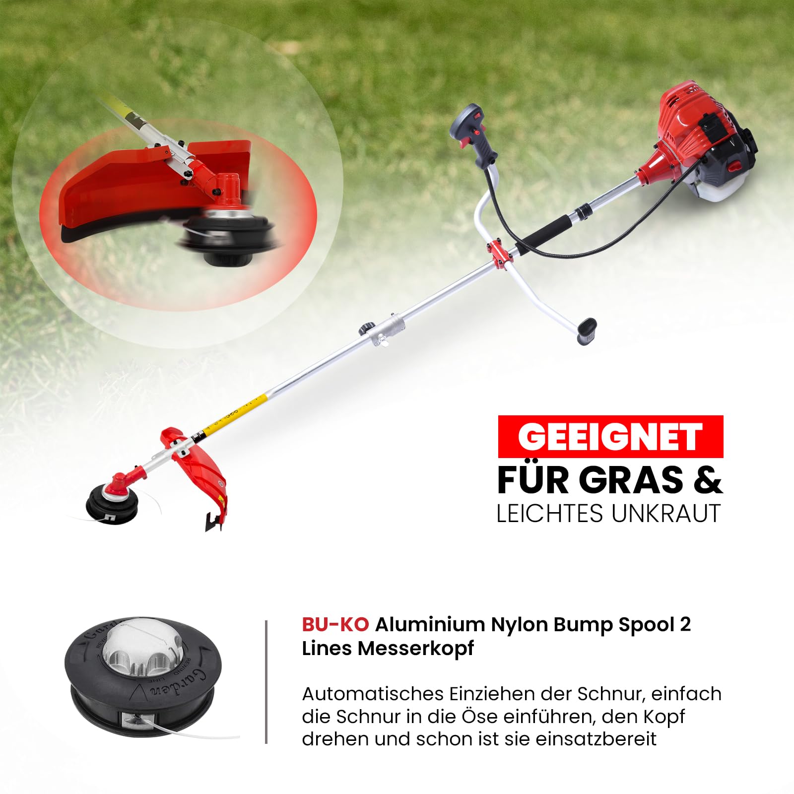 BU-KO 52cc Motorsense Benzin Rasentrimmer Garden Tool inklusive: String Trimmer, Freischneider mit 3T Blade, Stahldraht Strummer Wildkrautbürste Schneidemesser. Tolles Outdoor Tool