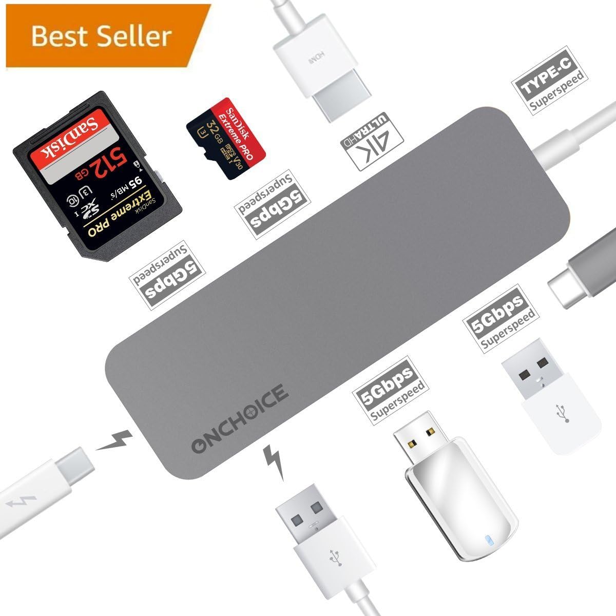 7-Port Type C Hub ,ONCHOICE Type-C 3.1 Hub with 1xType C Charging Port,2xCard Reader ,1x4K HDMIand 3x3.0 USB Port for MacBook Pro 2015/2016, Google Chromebook 2016 Grey