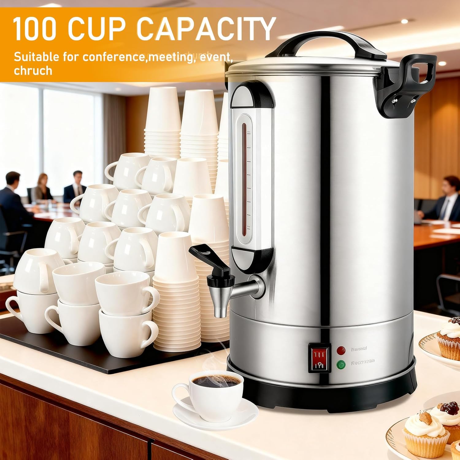 Commercial Coffee Urn | Large Coffee Maker 100 Cup | Industrial Electric Coffee Percolator | 1300W Quick Brew Stainless Steel Double Wall | Hot Coffee Warmer Tea Water Dispenser for Catering, Church