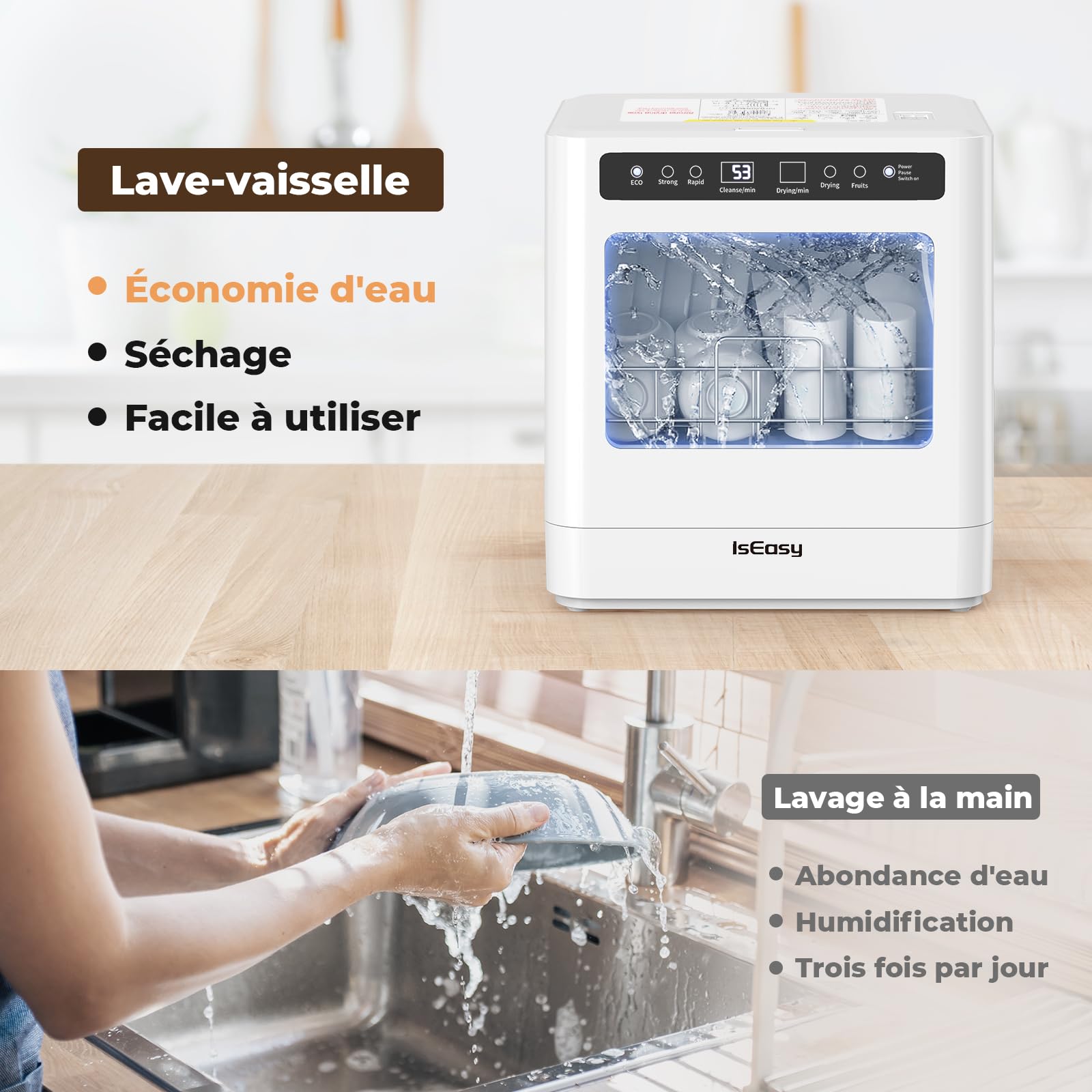 IsEasy Mini Lave-Vaisselle de Table Comptoir, Lave-Vaisselle Compact Portable, 5 Programmes, Affichage à LED, Lavage des Fruits, Deux Modes D'alimentation en Eau