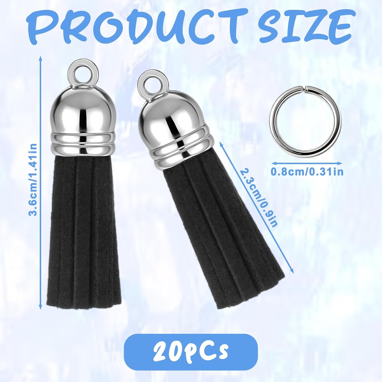 50Pcs Black Small Tassels for Jewelry Making 1.5" Mini Tassels for Keychain Making Small Leather Key Chain Tassel Charms for Crafts Earings, 50Pcs Silver Jump Rings