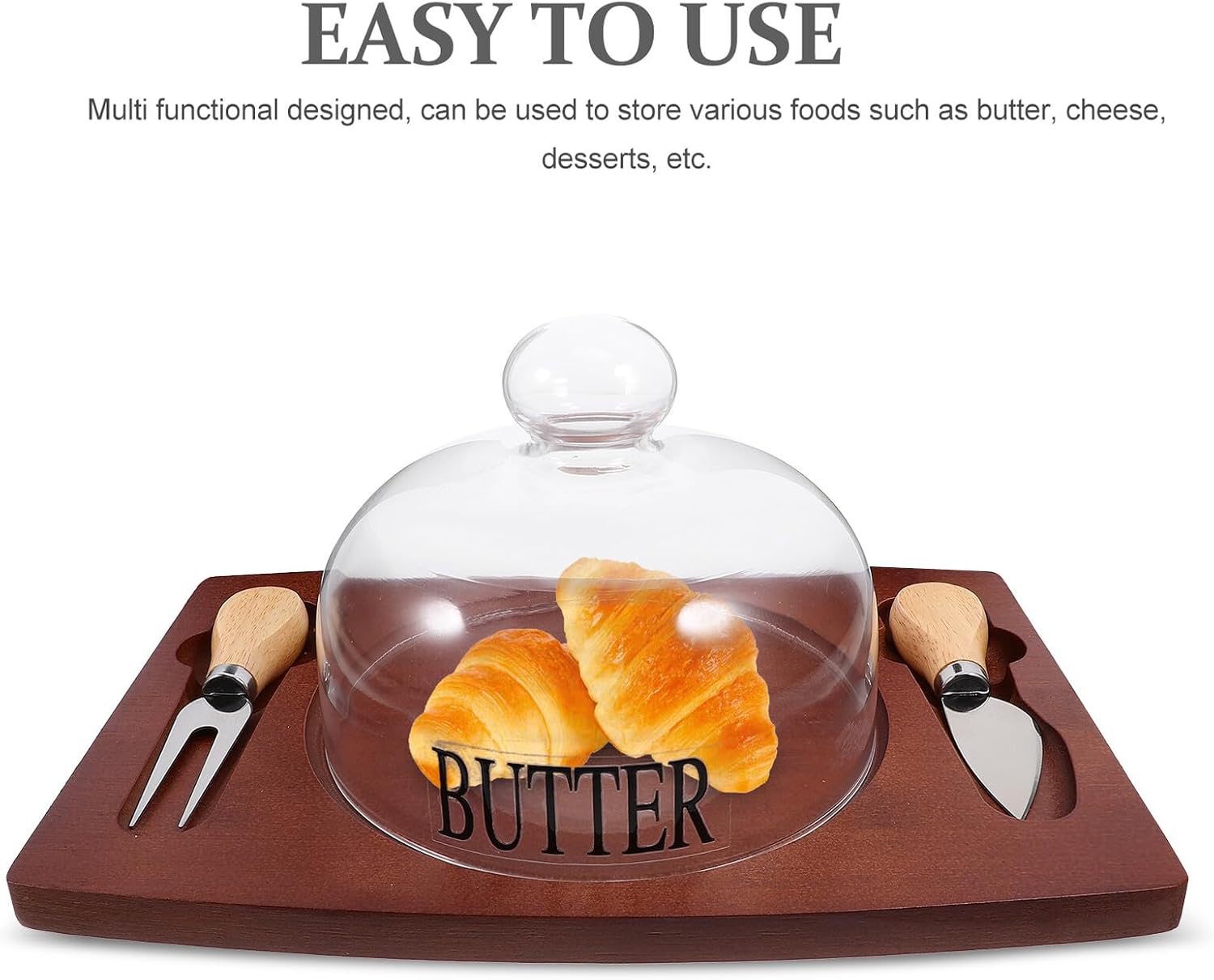 Butter Box with Lid and Cutter Deep Brown Wood Tray Butter Holder for Refrigerator with Glass Cover Suitable for Kitchen Countertop Storage