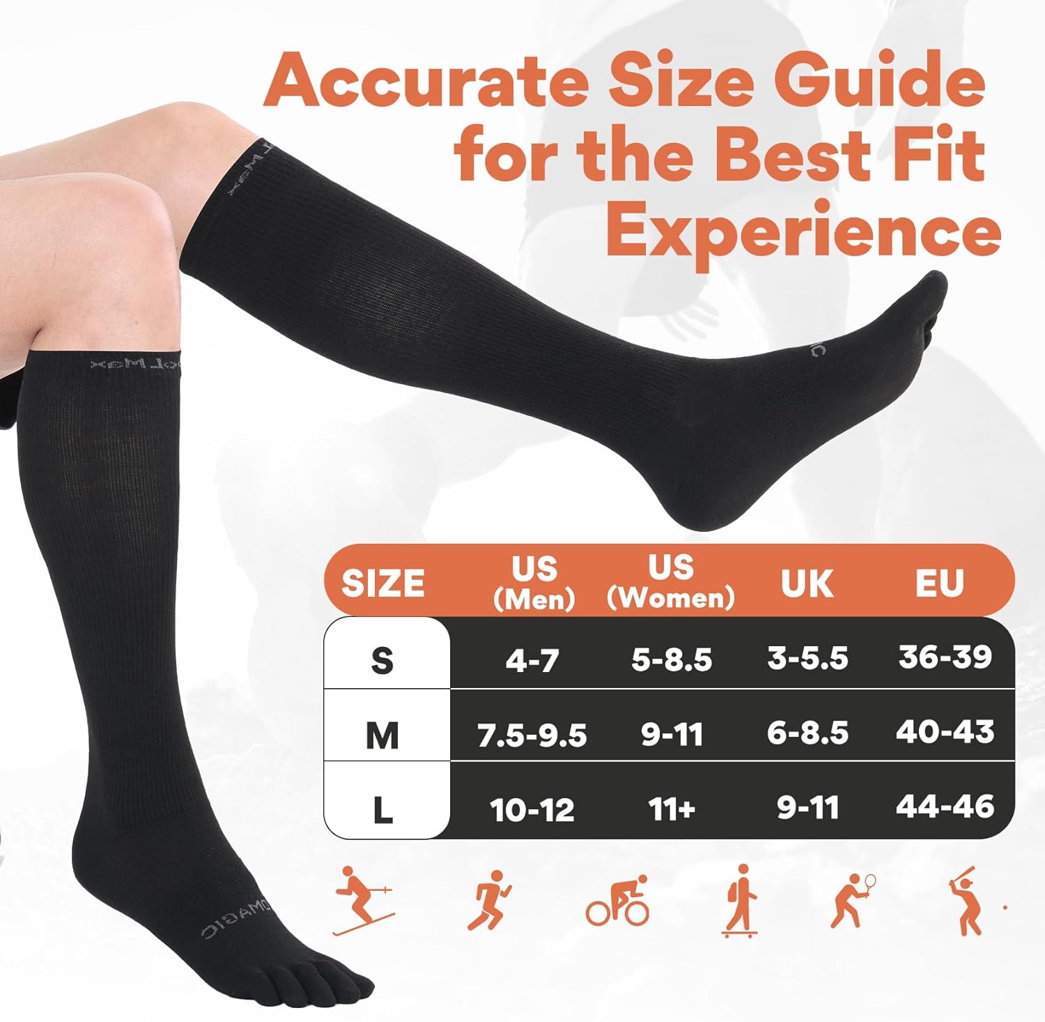 Knee-High Toe Socks - Coolmax Athletic Hiking 5-Finger Compression Socks, Anti-Blister & Moisture-Wicking (3 Pairs)