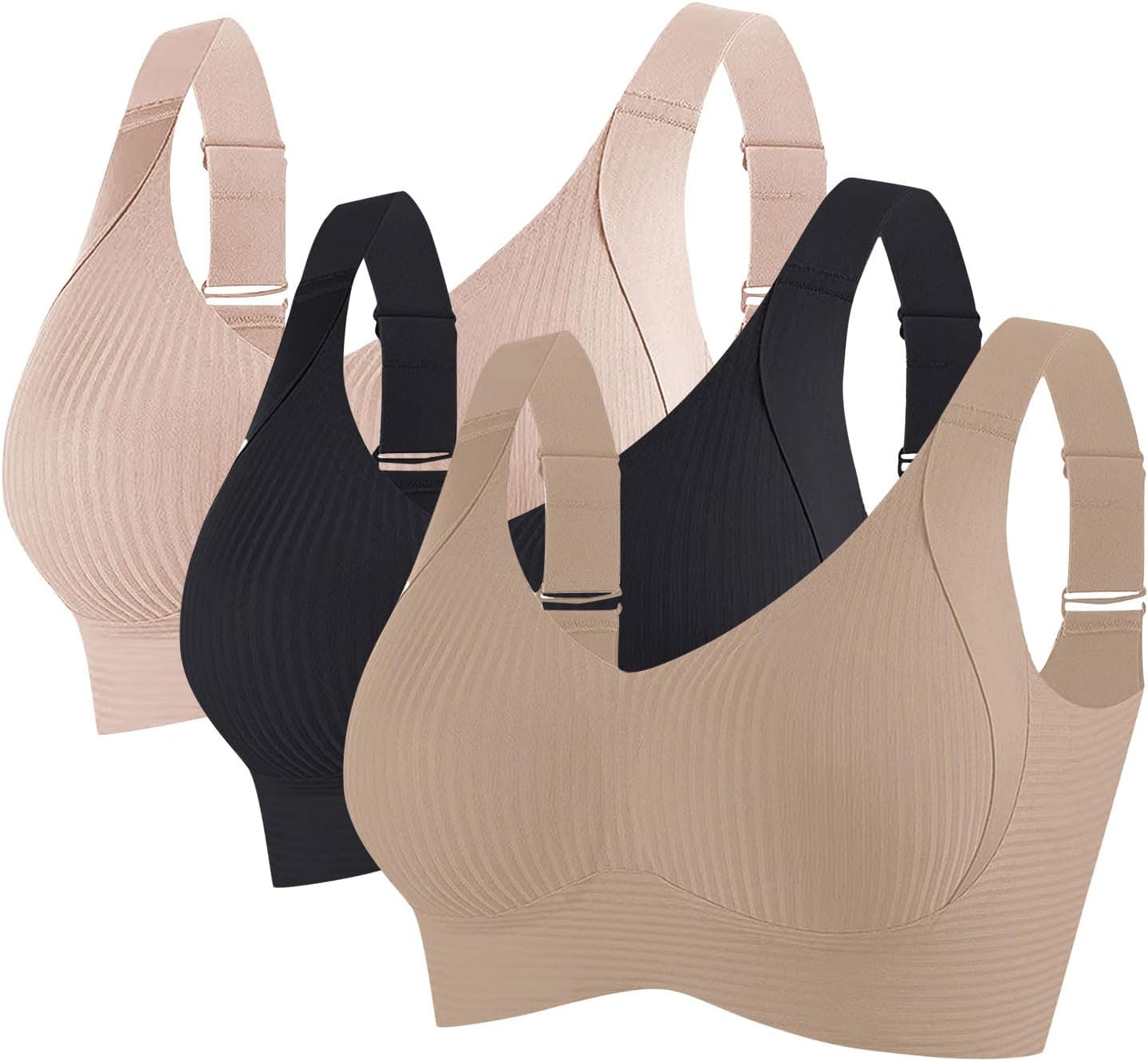 3 Pack Womens Wireless Bras No Underwire Everyday Bra Seamless Ribbed Full Coverage Adjustable Straps Push Up Bras
