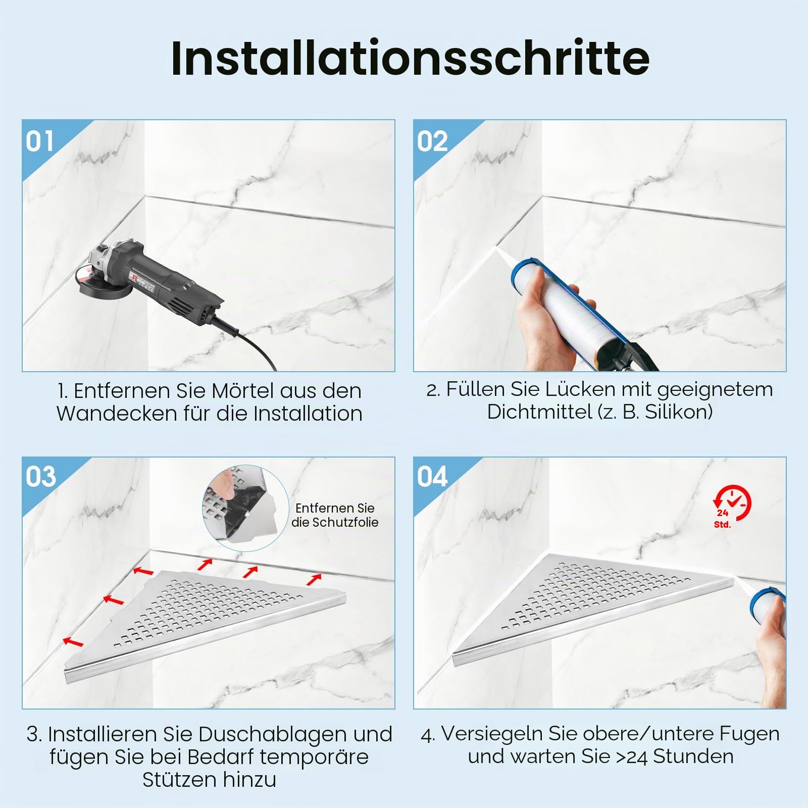 3X Ecke-Duschablage 254x 254x 360 mm Badezimmerregal Edelstahl 304 | 1,5 mm Verdickter, Gebürstet, Eckablage Duschablage mit Gitterdesign Einbau-Wandregal in Fliesenfugen für Geflieste Wände