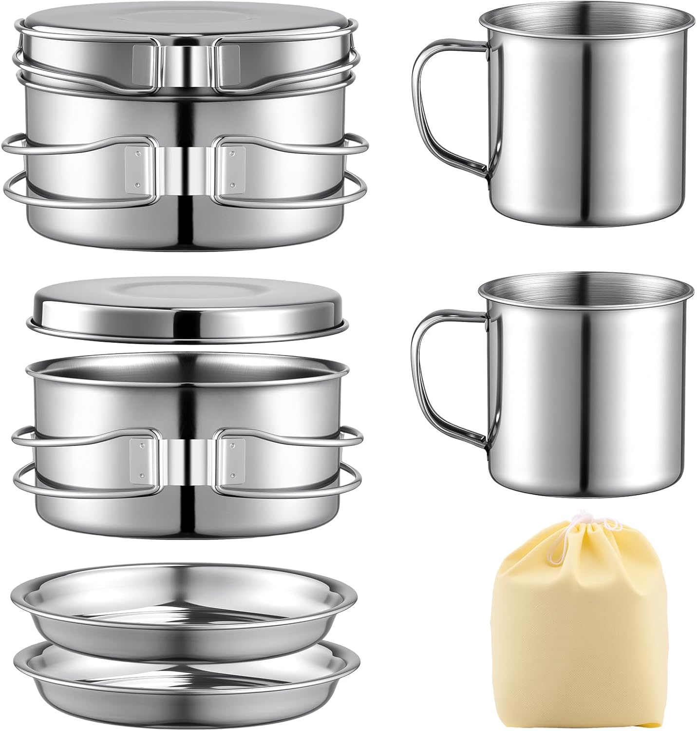 Stainless Steel Camping Cookware Mess Kit - Portable Backpacking Cooking Set with Pot/Plates/Cups & Storage Bag, Outdoor Cookware for Hiking, Picnic, Camping & Backpacking Adventures（8PCS）