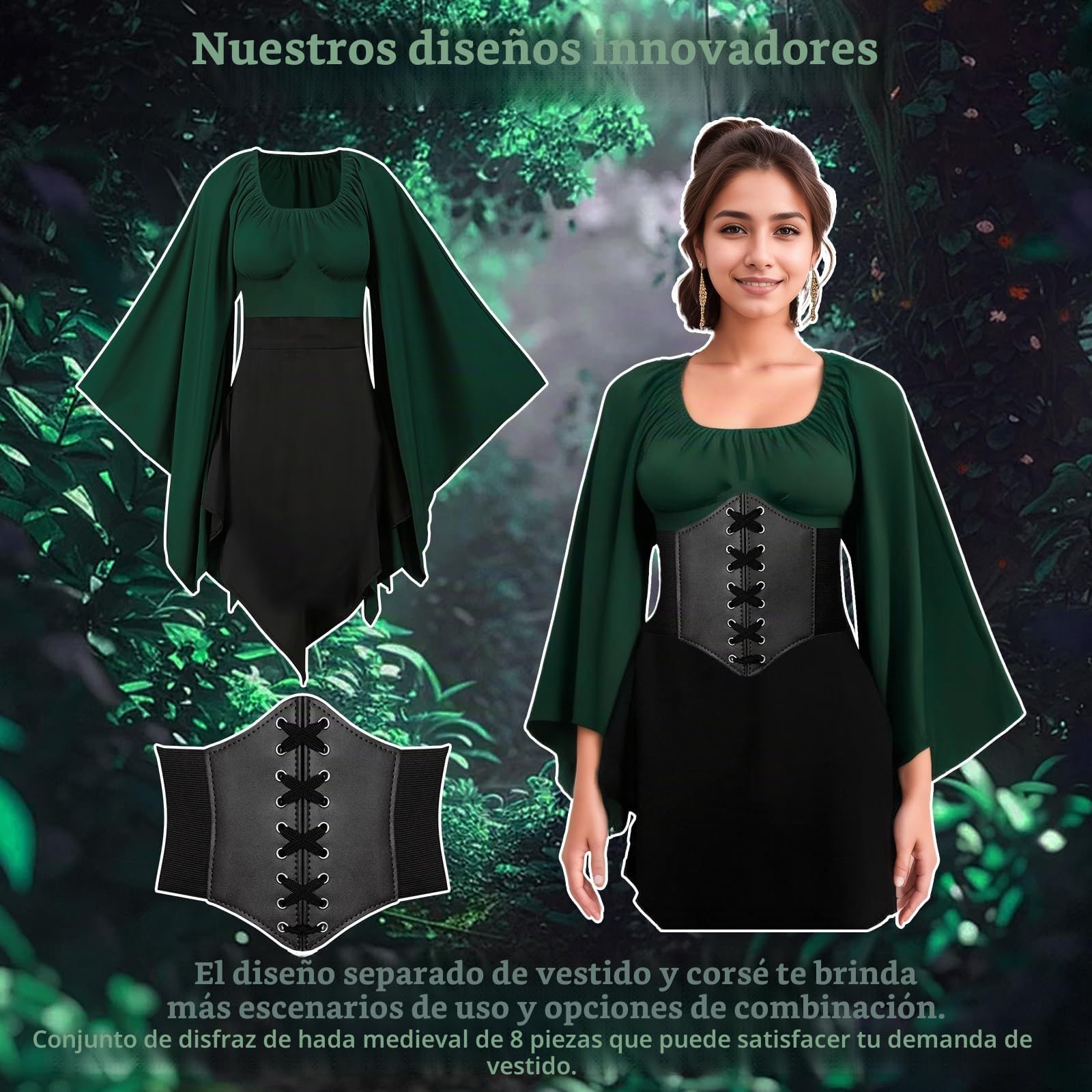 8 unidades vestido medieval tradicional irlandés vestido renacentista elfo disfraz con orejas de elfo, vestido de cosplay victoriano para Halloween.