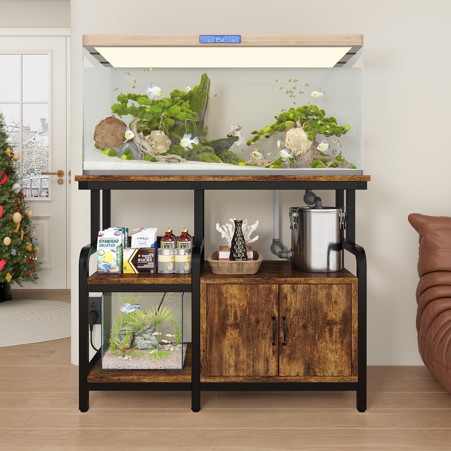 Multi-Tier Aquarium Stand for 20–37 Gallon Fish Tanks, Heavy-Duty 29/30/40 Gallon Fish Tank Stand with Storage Cabinet, Curved Safety Frame, Steel Frame 750 lbs Capacity, Reptile & Terrarium Tank Stand for Home Office