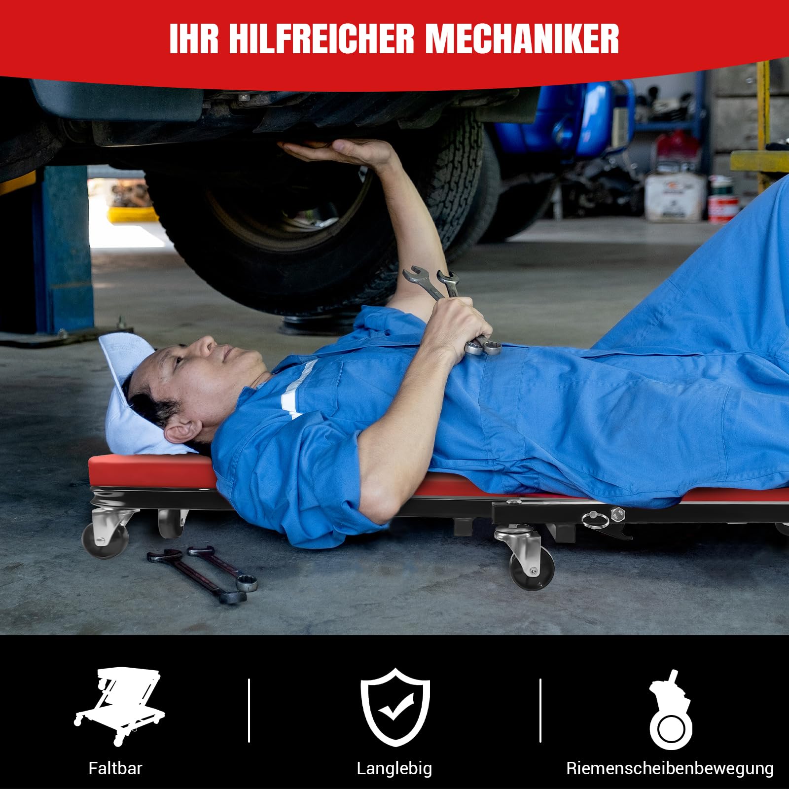Lucn Taburete acolchado para herramientas mecánico, 6 ruedas, para taller, taller, coche