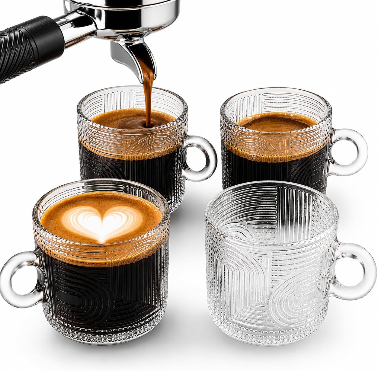 Vintage Ribbed Espresso Cups with Handle, 3.3 oz Demitasse Espresso Mugs, Set of 6, Textured Glass for Espresso, Cappuccino, Macchiato, Latte, Dishwasher Safe
