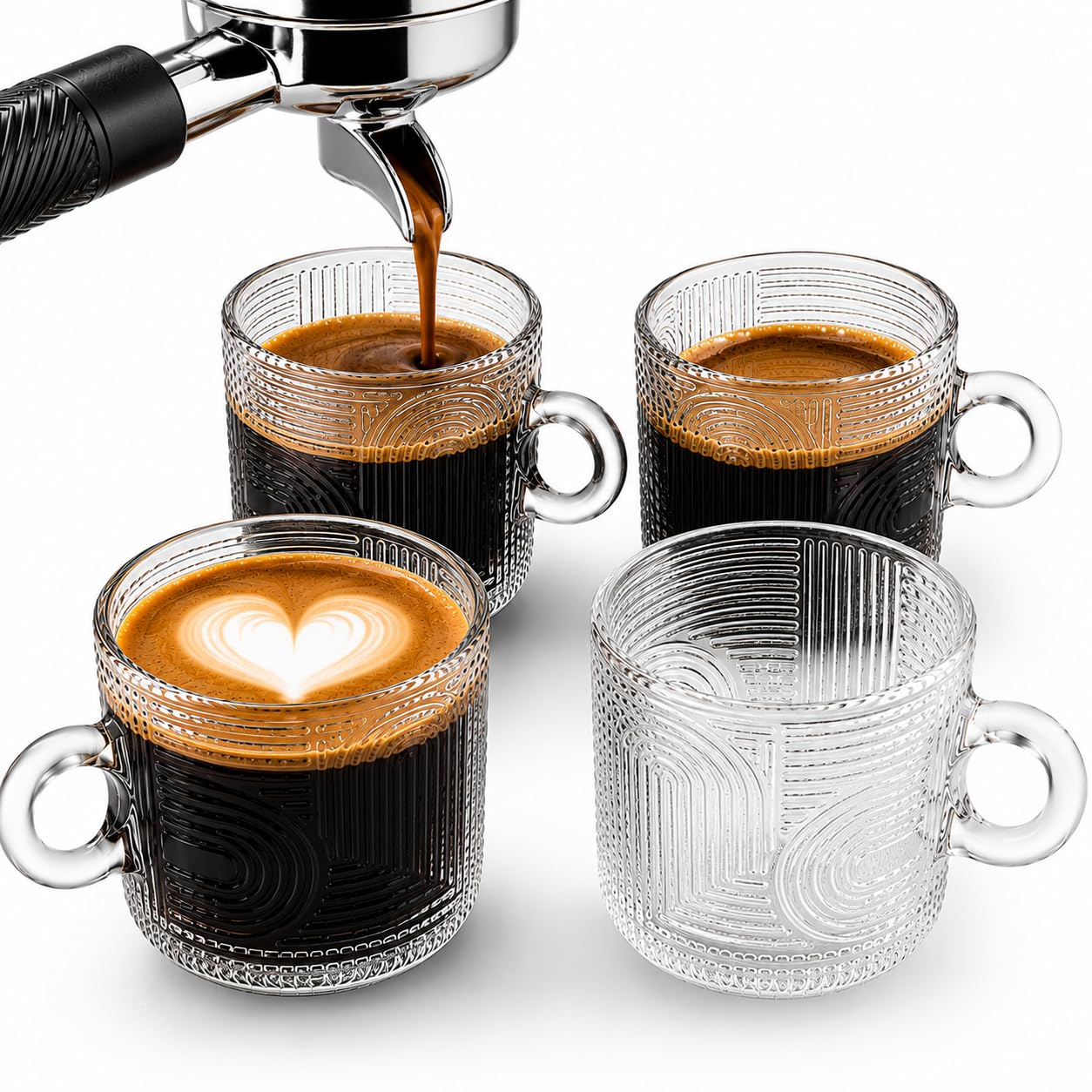 mosjos vintage ribbed espresso cups with handle, 3.3 oz demitasse espresso mugs, set of 6, textured glass for espresso, cappuccino, macchiato, latte, dishwasher safe