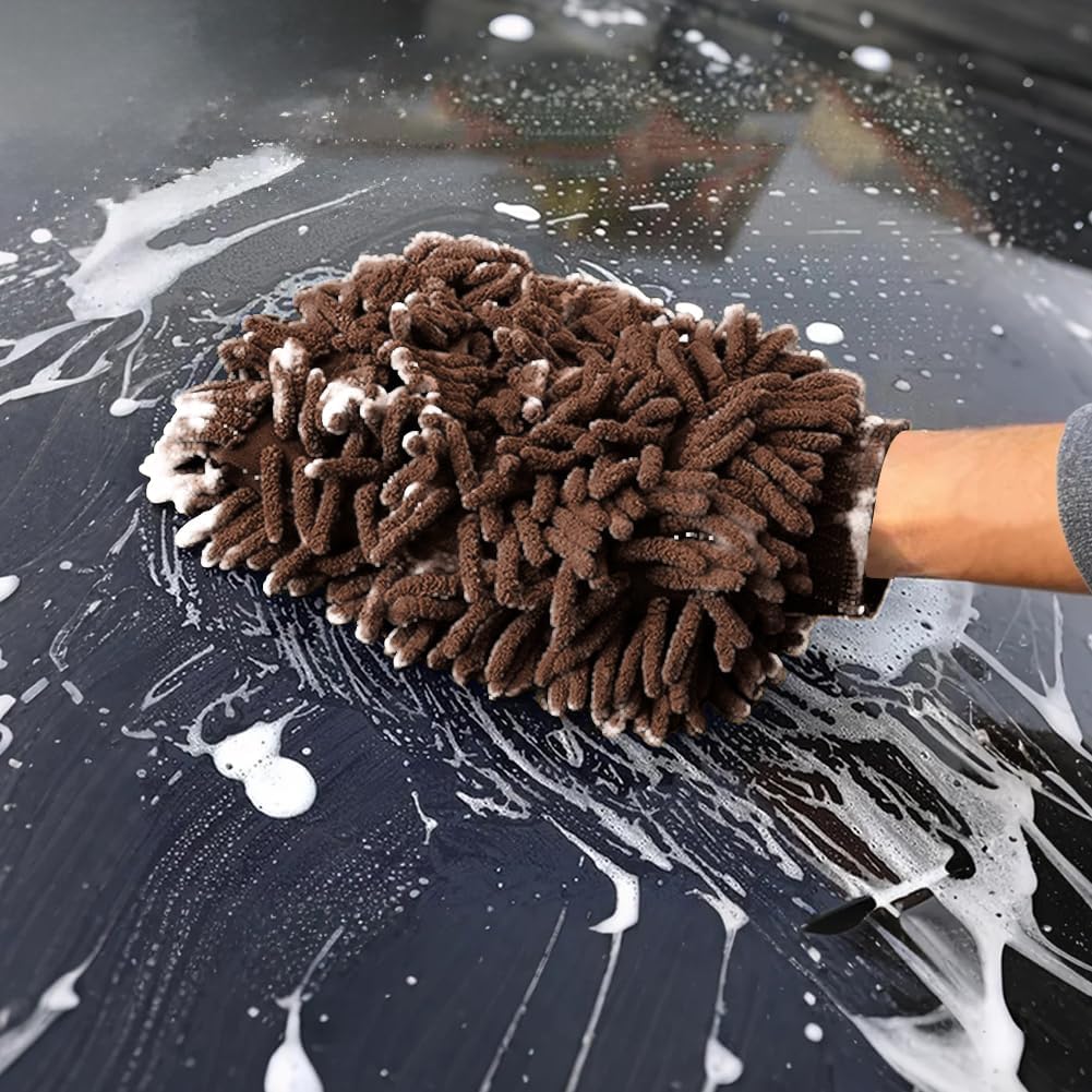 Car Wash Mitt Chenille Microfiber Wash Mitt Double Sided Glove Scratch Free Lint-Free, Cleaning Drying Mitts(6.1" x 9.4", Coffee Brown)