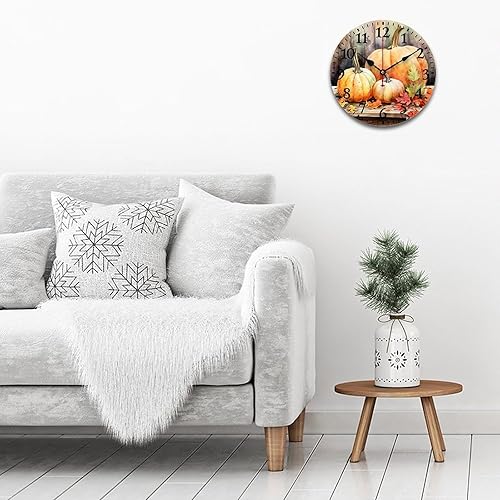 Miniatura 3 de HighonHi Acuarela naranja calabazas hojas verdes relojes otoño Acción de Gracias moderno reloj de pared de madera silencioso sin tictac baño cocina,