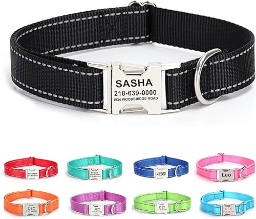 Vista 14 de Collar de perro personalizado con etiqueta de nombre, collar de nailon reflectante para mascotas, collares de perro con hebilla grabada