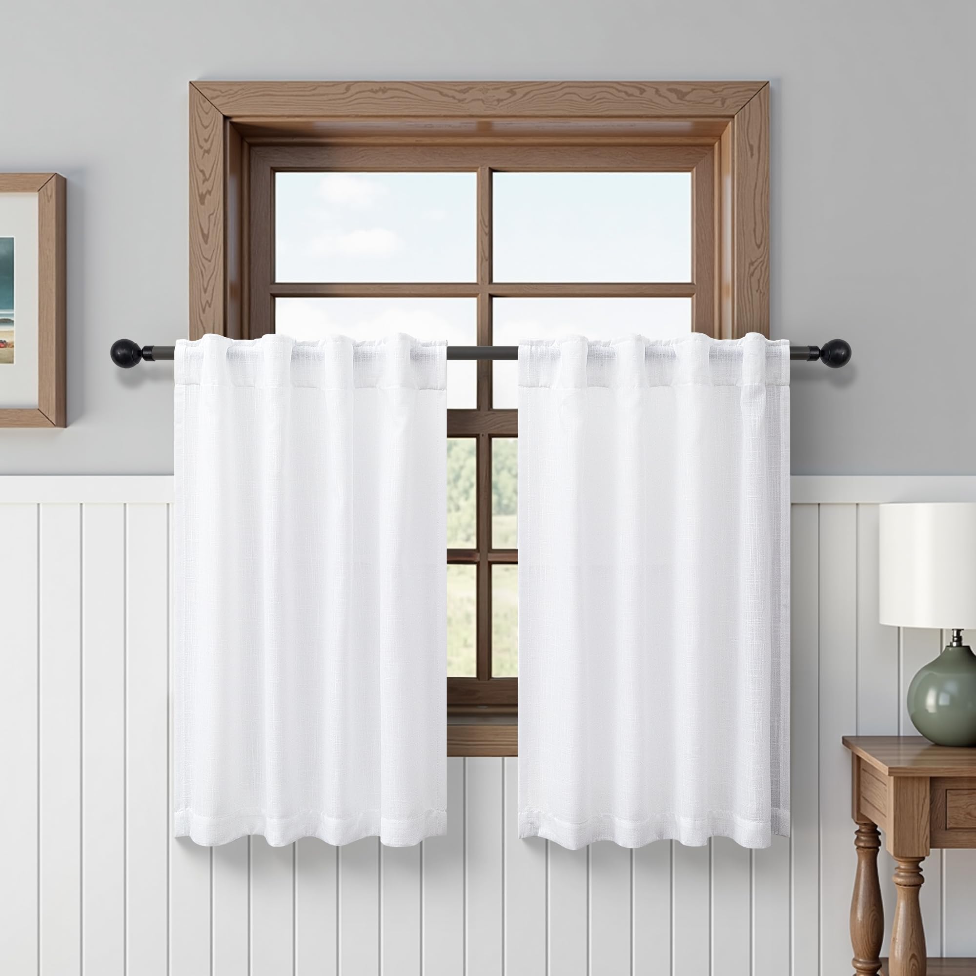 DANCURTON White Short Curtains for Small Bathroom Window 2 Panel Sets Kitchen Cafe Curtain Rod Pocket Back Tab Linen Sheer Light Filtering Curtains