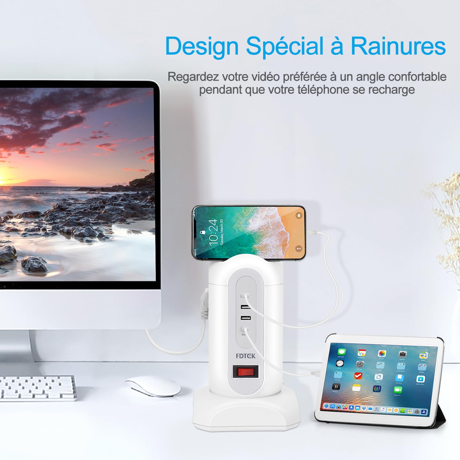FDTEK 9 Prises Tour Multiprise avec Interrupteur avec 3 USB-A et 1 USB C | Prise Multiple Tour de Protection Contre Les Surcharges, Tour Prise avec Rétractable Cordon de 1,8M, Multiprise pour Maison
