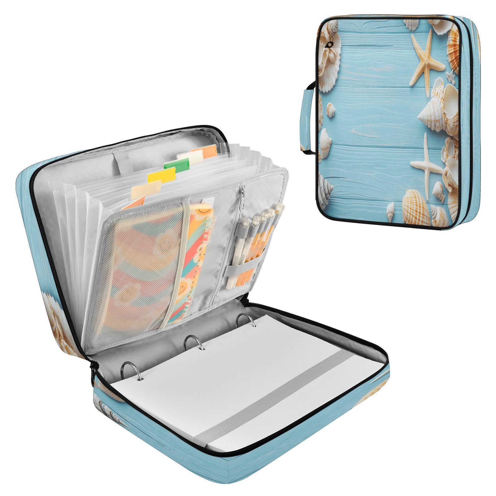 Raccoglitore espandibile con conchiglie in legno, stelle marine, spiaggia, 3 anelli, con fisarmonica a 7 tasche, per scuola, ufficio, viaggi