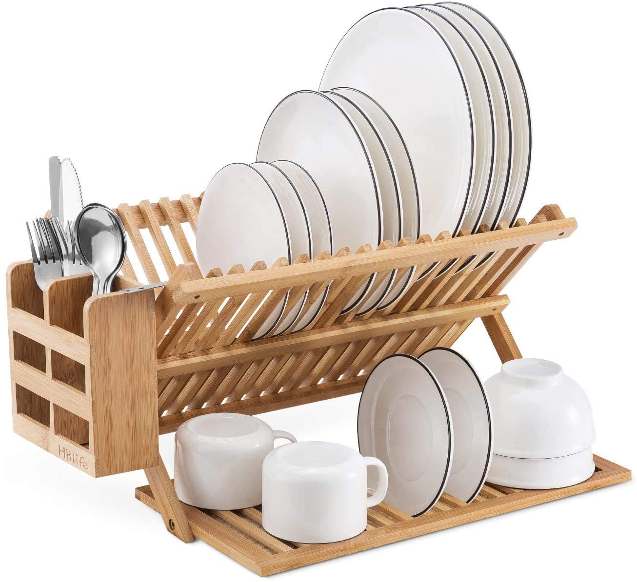 HBlife Bamboo Dish Drying Rack and Utensils Flatware Holder Set with Dish Drying Mats Collapsible Drainer,Cups and Utensils Holder