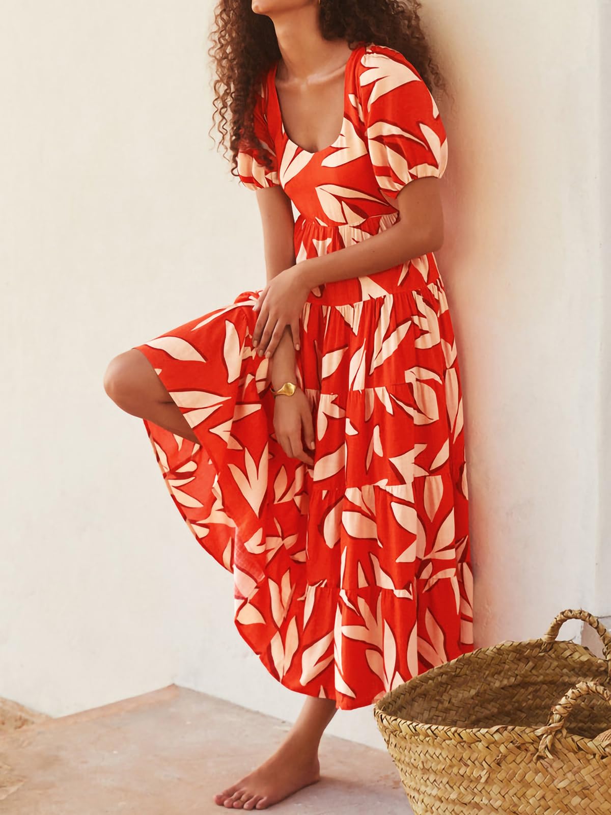 PRETTYGARDEN Short Sleeve Floral Maxi Dresses for Women 2025 Wedding Guest Summer Dress Flowy Beach Vacation Outfits (Orange White Flower,Large)