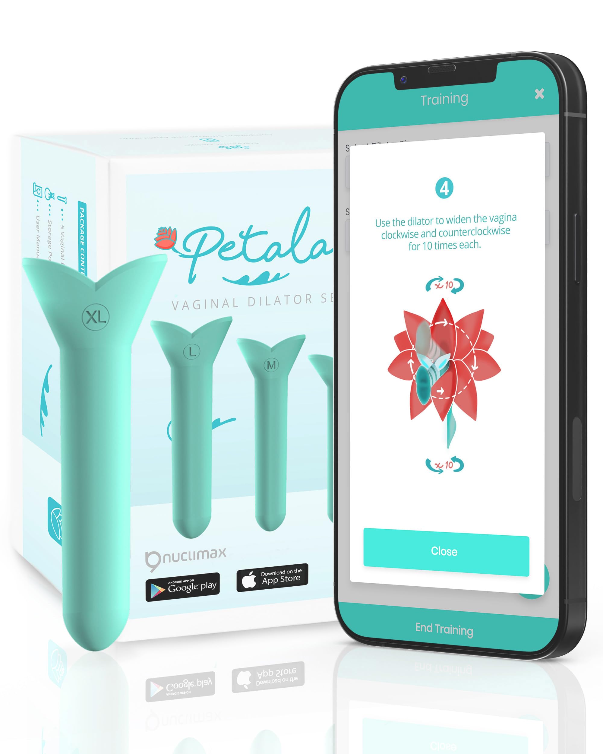 Dilatador y ejercitador muscular del suelo pélvico de silicona para mujeres con aplicación para smartphone (5 piezas)