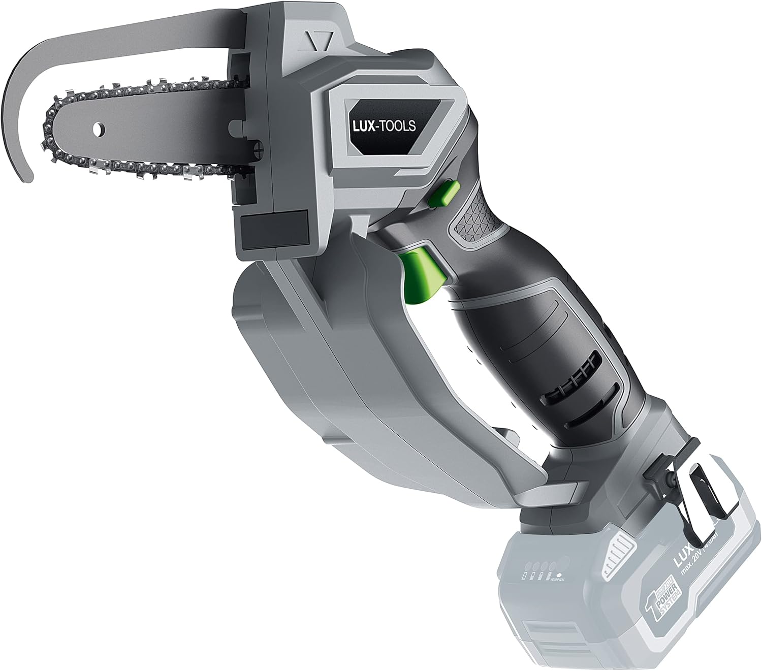 Strana view of the LUX-TOOLS cordless pruning saw, highlighting the ergonomic handle and safety guard.