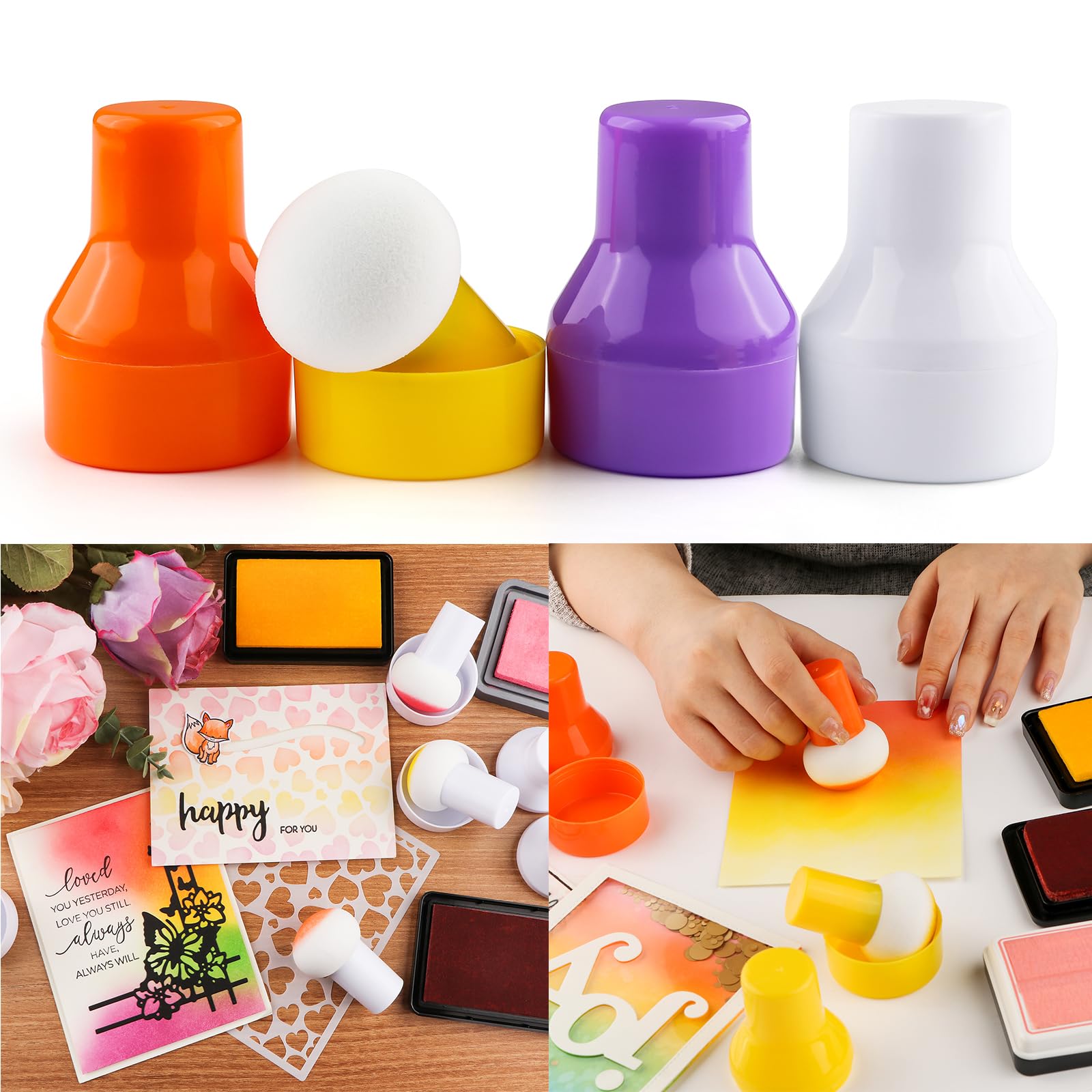 Briartw 4 Pcs/Pack Ink Applicator with Storage Cases,Inking Sponge,Paper Pouncers are A Tool for Direct Ink Application On Intricate Die Cuts, Stencils,4 Colors(Orange, Yellow, Purple,White)