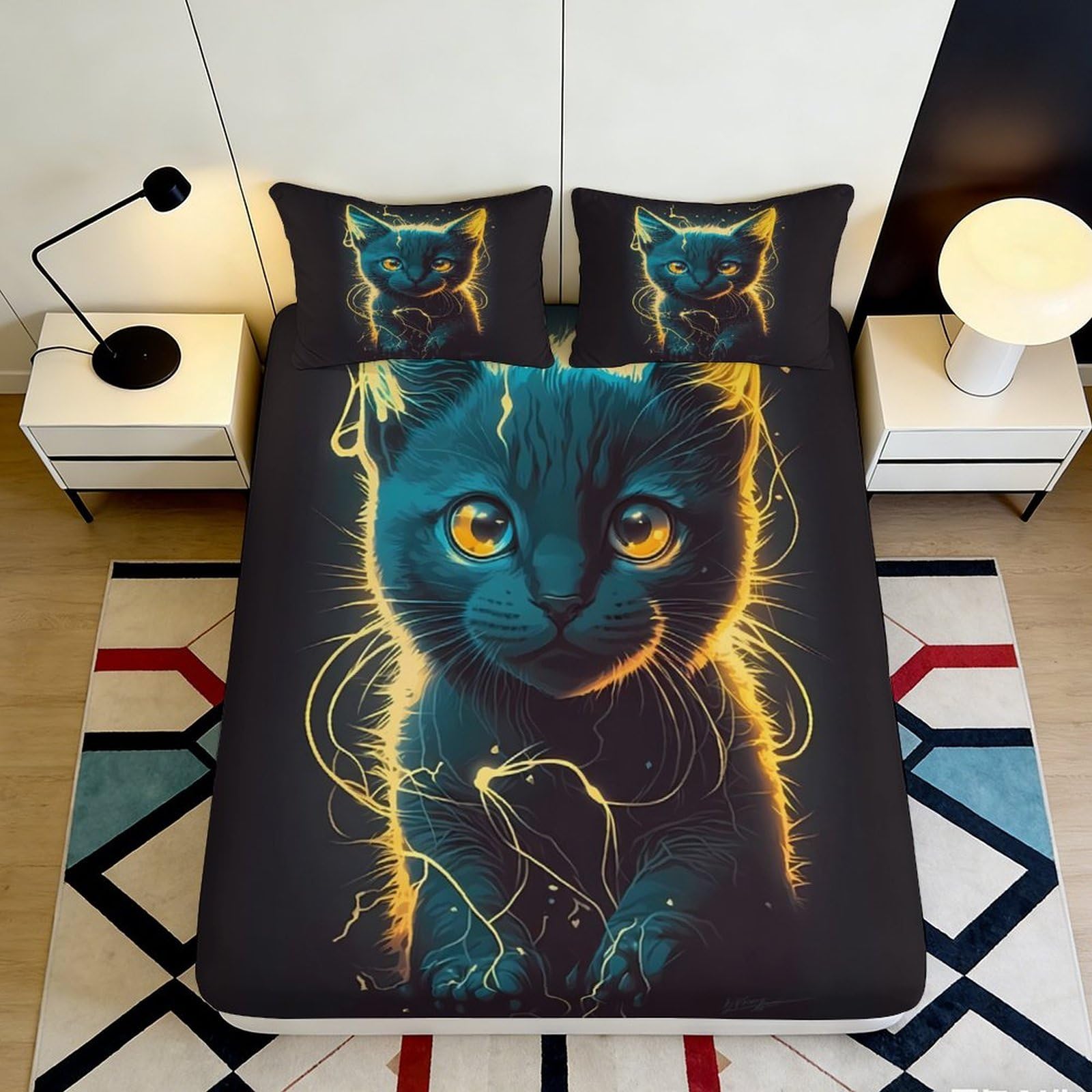Pnayamiorkfel Style-2 3D Printed Neon Cat Fitted Sheet Microfiber Soft Breathable Electric Kitten Bed Cover For Bedroom Guest Room Decor 90X200x25cm