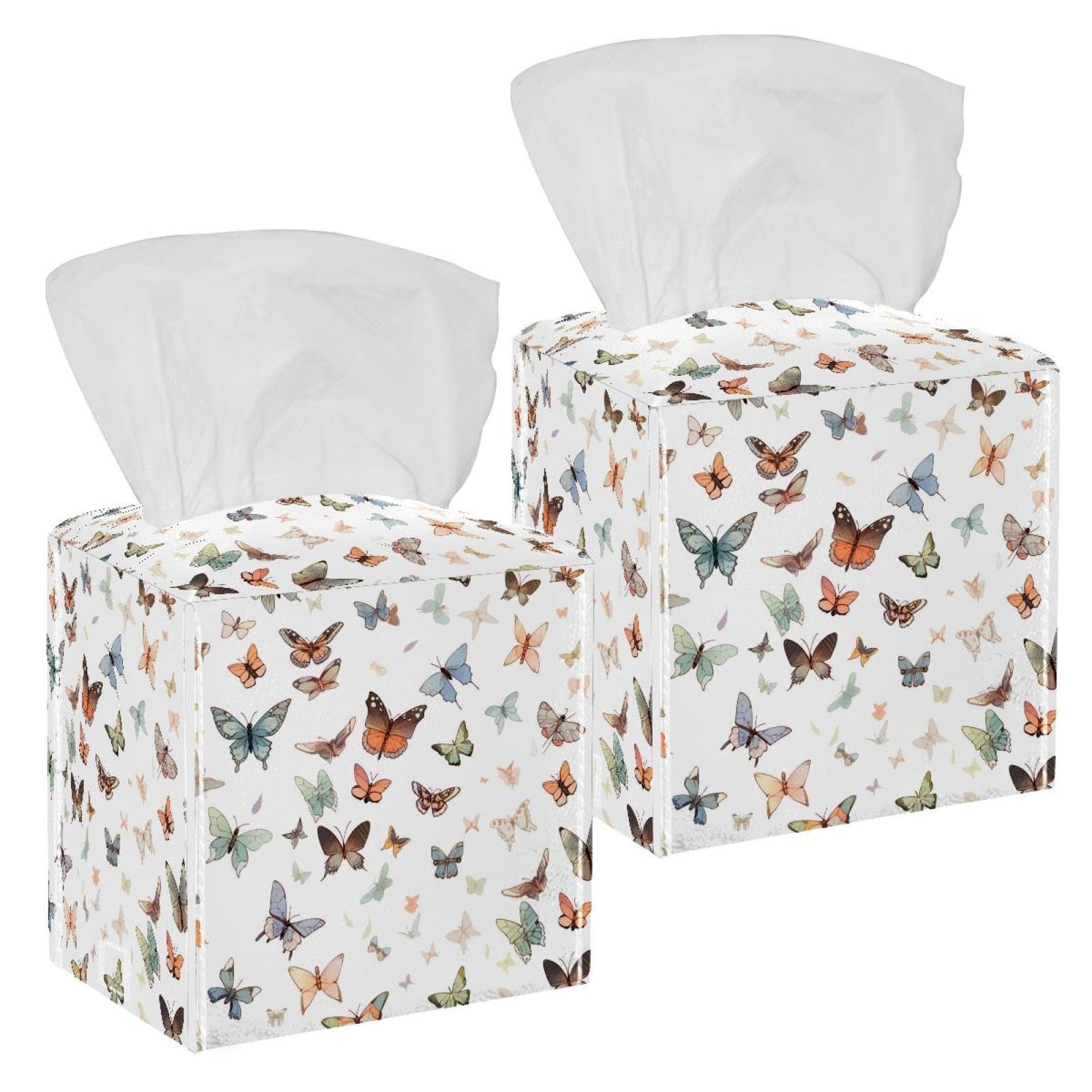 Aesthetic Butterfly Tissue Box Cover, 2 Pack PU Leather Square Facial Tissue Dispenser Box holder for Home Office Car