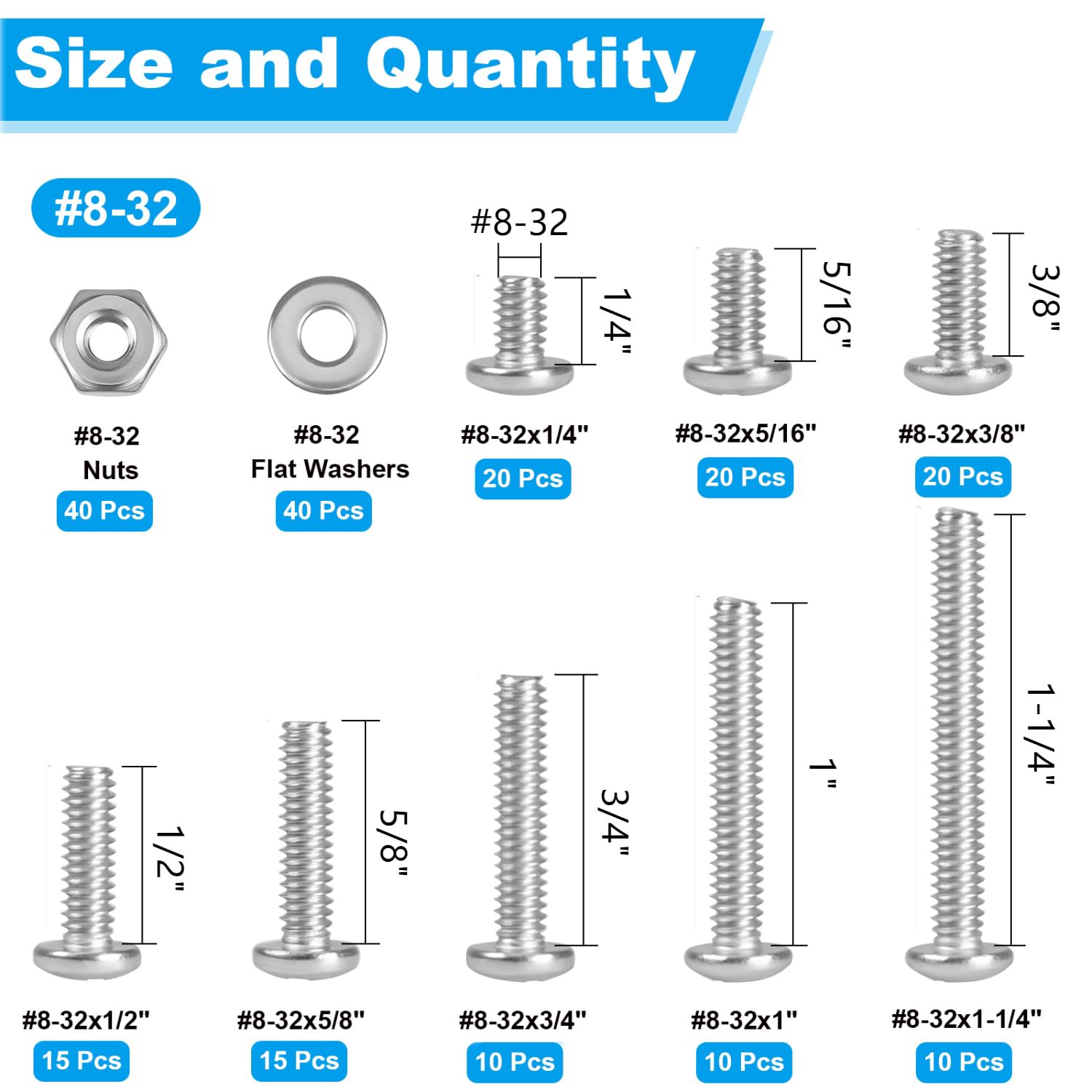 200pcs #8-32 Machine Screws Nuts Washers Kit -2