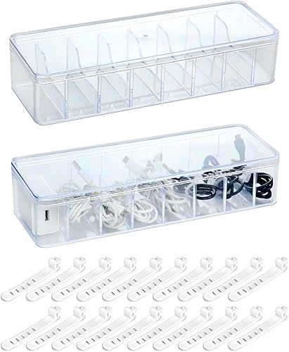 QWORK Juego de 2 cajas organizadoras de cables transparentes con lazos de alambre de silicona (paquete de 2), impermeable y antipolvo, solución de